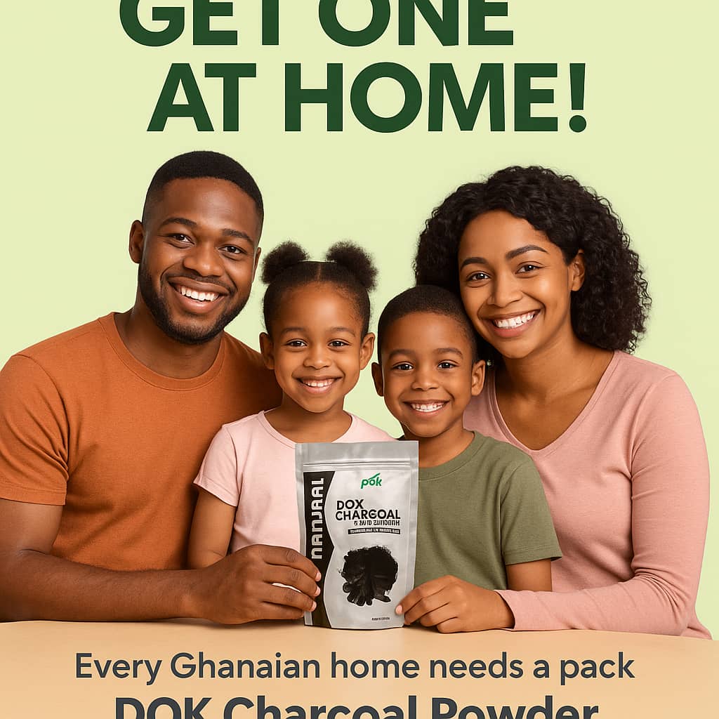 Smiling Ghanaian family holding a pack of DOK Activated Charcoal Powder at home